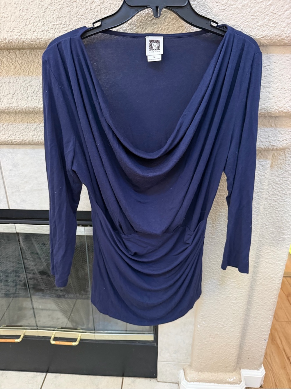 Anne Klein Navy Draped Cowl Long-Sleeve Top